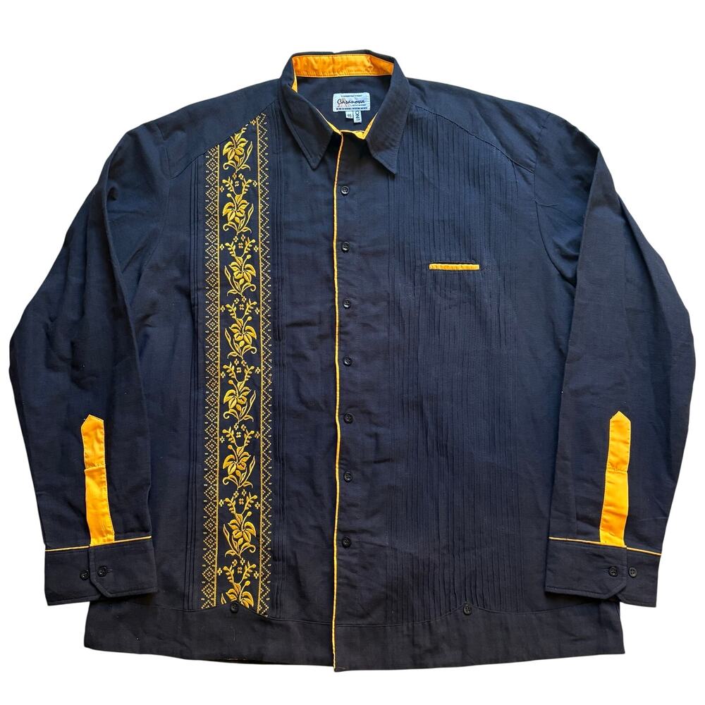 Casanova Guayabera Black Linen Gold Floral Wedding Dress Button Down Long Sleeve